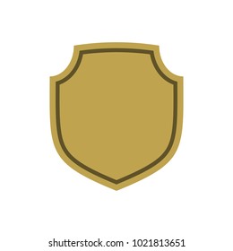 Shield shape gold icon. Simple flat logo on white background. Symbol of security, protection, safety, strong. Element badge for protect design emblem decoration. Vector illustration