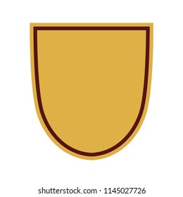 Shield shape gold icon. Simple flat logo on white background. Symbol of security, protection, safety, strong. Element badge for secure protect design emblem decoration. Vector illustration