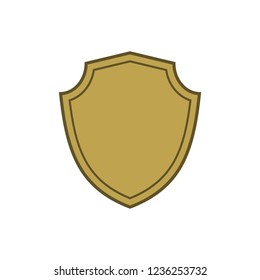 Shield shape gold icon. Simple flat logo on white background. Symbol of security, protection, safety, strong. Element badge for secure protect design emblem decoration. Vector illustration