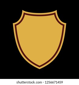 Shield shape gold icon. Simple flat logo on black background. Symbol of security, protection, safety, strong. Element badge for protect design emblem decoration. Vector illustration
