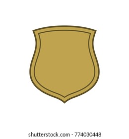 Shield shape gold icon. Simple flat logo on white background. Symbol of security, protection, safety, strong. Element badge for secure protect design emblem decoration. Vector illustration
