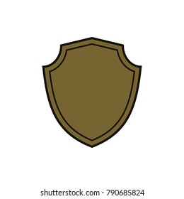 Shield shape gold icon. Simple flat logo on white background. Symbol of security, protection, safety, strong. Element badge for secure protect design emblem decoration. Vector illustration