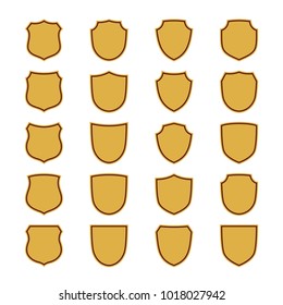 Shield shape gold icons set. Simple flat logo on white background. Symbol of security, protection, safety, strong. Element badge for secure protect design emblem decoration Vector illustration