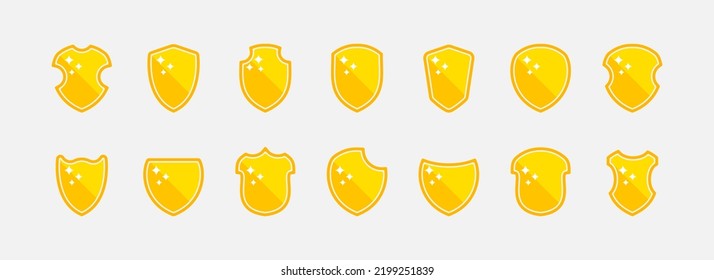 Shield shape gold icons set. Simple flat logo on white background