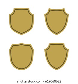 Shield shape gold icons set. Simple silhouette flat logo on white background. Symbol of security, protection, safety, strong. Element for secure protect design emblem decoration. Vector illustration