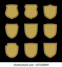 Shield Shape Gold Icons Set. Simple Flat Logo On Black Background. Symbol Of Security, Protection, Safety, Strong. Element Badge For Secure Protect Design Emblem Decoration Vector Illustration