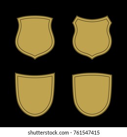 Shield shape gold icons set. Simple silhouette flat logo on black background. Symbol of security, protection, safety, strong. Element for secure protect design emblem. Vector illustration