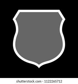 Shield shape icon. Gray label sign, isolated on black background. Symbol of protection, arms, security, safety. Flat retro style design. Element vintage heraldic emblem. Vector illustration