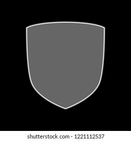 Shield shape icon. Gray label sign, isolated on black. Symbol of protection, arms, coat honor, security, safety. Flat retro style design. Element vintage heraldic emblem. Vector illustration