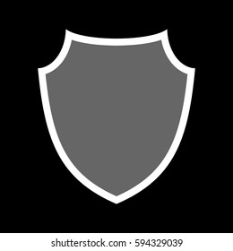 Shield shape icon. Gray label sign, isolated on black background. Symbol of protection, arms, security, safety. Flat retro style design. Element vintage heraldic emblem. Vector illustration