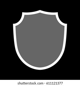 Shield shape icon. Gray label sign, isolated on black background. Symbol of protection, arms, security, safety. Flat retro style design. Element vintage heraldic emblem. Vector illustration