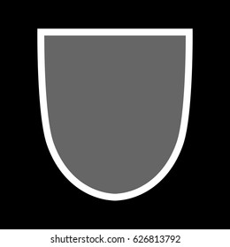 Shield shape icon. Gray label sign, isolated on black. Symbol of protection, arms, coat honor, security, safety. Flat retro style design. Element vintage heraldic emblem. Vector illustration