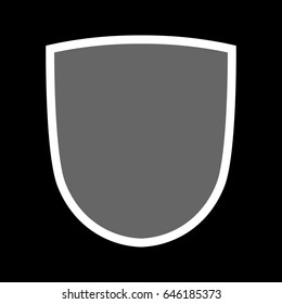 Shield shape icon. Gray label sign, isolated on black background. Symbol of protection, arms, security, safety. Flat retro style design. Element vintage heraldic emblem. Vector illustration