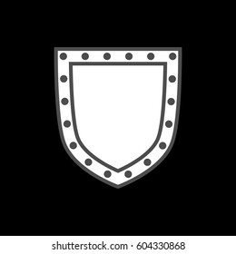 Shield shape icon. White silhouette sign isolated on black. Symbol of protection, arms, coat honor, security, safety. Flat retro style design. Element vintage heraldic emblem Vector illustration