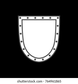 Shield shape icon. White silhouette sign isolated on black. Symbol of protection, arms, coat honor, security, safety. Flat retro style design. Element vintage heraldic emblem Vector illustration