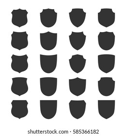 Shield shape icons set. Black label signs, isolated on white background. Symbol of protection, arms, security, safety. Flat retro style design. Element vintage heraldic emblem. Vector illustration