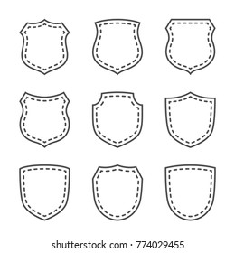 Shield shape icons set. Black silhouette signs isolated on white background. Symbol protection, arms, security, safety. Flat retro style design. Element vintage heraldic emblem Vector illustration