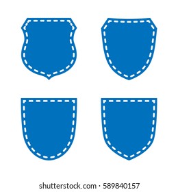 Shield shape icons set. Blue label signs isolated on white. Symbol of protection, arms, coat honor, security, safety. Flat retro style design. Element vintage heraldic emblem Vector illustration