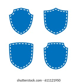 Shield shape icons set. Blue label signs isolated on white background. Symbol of protection, arms, security, safety. Flat retro style design. Element vintage heraldic emblem Vector illustration
