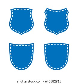 Shield shape icons set. Blue label signs isolated on white. Symbol of protection, arms, coat honor, security, safety. Flat retro style design. Element vintage heraldic emblem Vector illustration