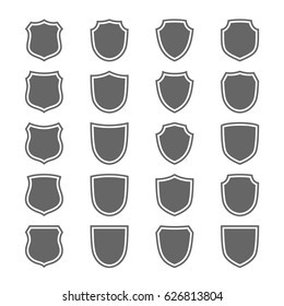 Shield shape icons set. Gray label signs isolated on white. Symbol of protection, arms, coat honor, security, safety. Flat retro style design. Element vintage heraldic emblem Vector illustration