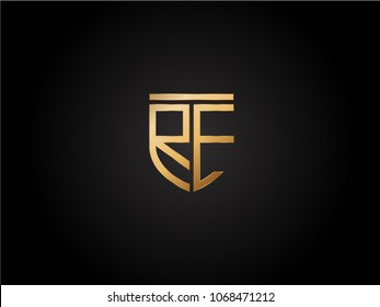 RE shield shape Letter Design in gold color