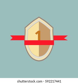 Shield shape and ribbon icon set. Graphic antique heraldic badge. Color silhouette sign isolated on blue background. Symbol of protection, arms, honor security. Design element. Vector illustration