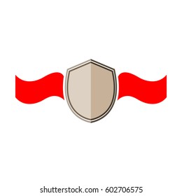 Shield shape and ribbon sign. Graphic antique heraldic badge. Color silhouette sign isolated on white background. Symbol of protection, arms, honor security. Design element. Vector illustration