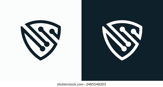 Shield shape technology connection vector logo design with modern, simple, clean and abstract style.