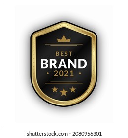 shield shape top brand label design with gold color and writing