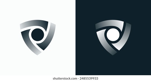 Diseño de logo de Vector en forma de escudo con remolino de ilusión tridimensional en estilo moderno, simple, limpio y abstracto.