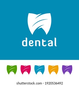 Iconos de dientes abstractos con forma de escudo sobre fondo blanco y azul. Diseño de logotipo mínimo para odontología.