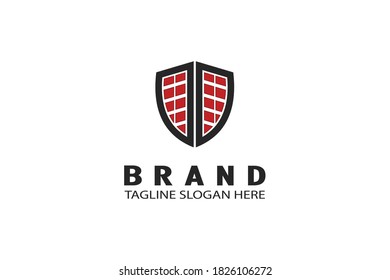 Diseño del logotipo de ladrillo en forma de escudo, ilustración del logotipo de protección de pared o edificio, diseño de logotipo moderno y creativo.
