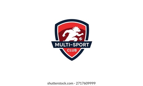Un emblema en forma de escudo para un club deportivo múltiple con un león y una pelota de fútbol