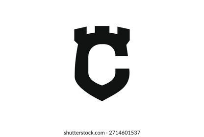 Letra C en forma de escudo con corona de castillo en estilo de Vector plano audaz ideal para juegos de marca de seguridad e identidad heráldica