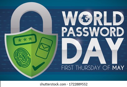 Shield shaped padlock with fingerprint, two-step verification with sms and input password icons, promoting safety measures online during World Password Day in the first Thursday of May.