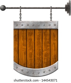 Shield shaped rusty metal signboard with wooden planks