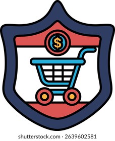 A shield with a shopping cart on it and a dollar sign. The shield is blue and red