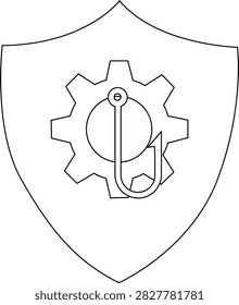 A shield showcases a gear with a fishing hook design