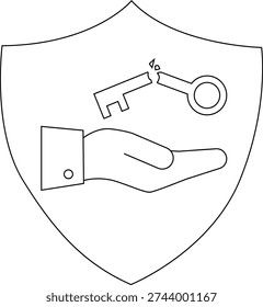 A shield shows a hand proffering a broken key