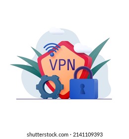 The shield shows a secure VPN connection. Lock, gear, wi-fi symbol and clouds.