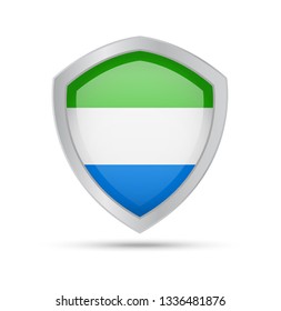 Shield with Sierra Leone flag on white background. Vector illustration.
