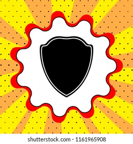 Shield sign. Black icon in the bubble on a yellow background pop art. Vector.