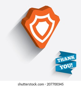 Shield sign icon. Protection symbol. White icon on orange 3D piece of wall. Carved in stone with long flat shadow. Vector
