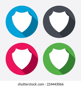 Shield sign icon. Protection symbol. Circle buttons with long shadow. 4 icons set. Vector