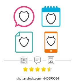 Shield sign icon. Protection symbol. Calendar, chat speech bubble and report linear icons. Star vote ranking. Vector