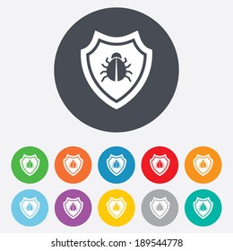 Shield sign icon. Virus protection symbol. Bug symbol. Round colourful 11 buttons. Vector