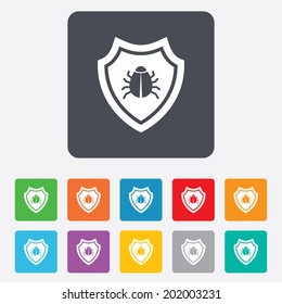 Shield sign icon. Virus protection symbol. Bug symbol. Rounded squares 11 buttons. Vector