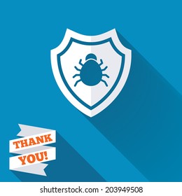 Shield sign icon. Virus protection symbol. Bug symbol. White flat icon with long shadow. Paper ribbon label with Thank you text. Vector