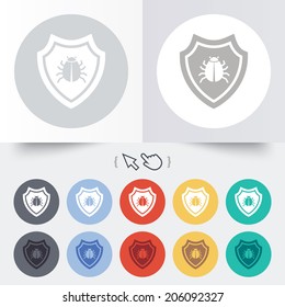 Shield sign icon. Virus protection symbol. Bug symbol. Round 12 circle buttons. Shadow. Hand cursor pointer. Vector